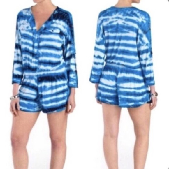 Young Fabulous & Broke 'Malik' Utility Blue Tie Dye Roll Tabbed Sleeves Romper - Picture 2 of 10